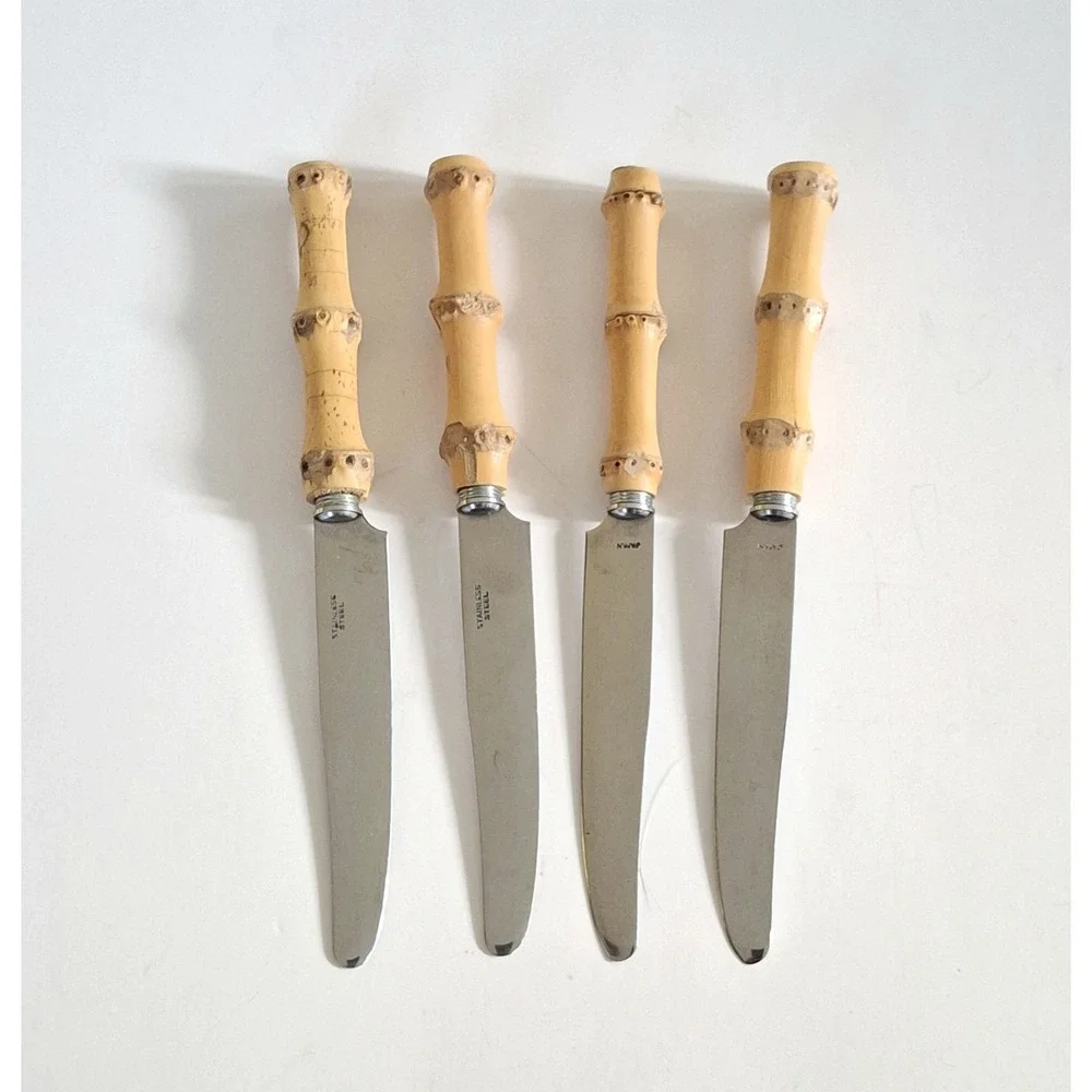 Vintage Mid Century Modern Bamboo Tiki Silverware 4 pc Knives Stainless Japan